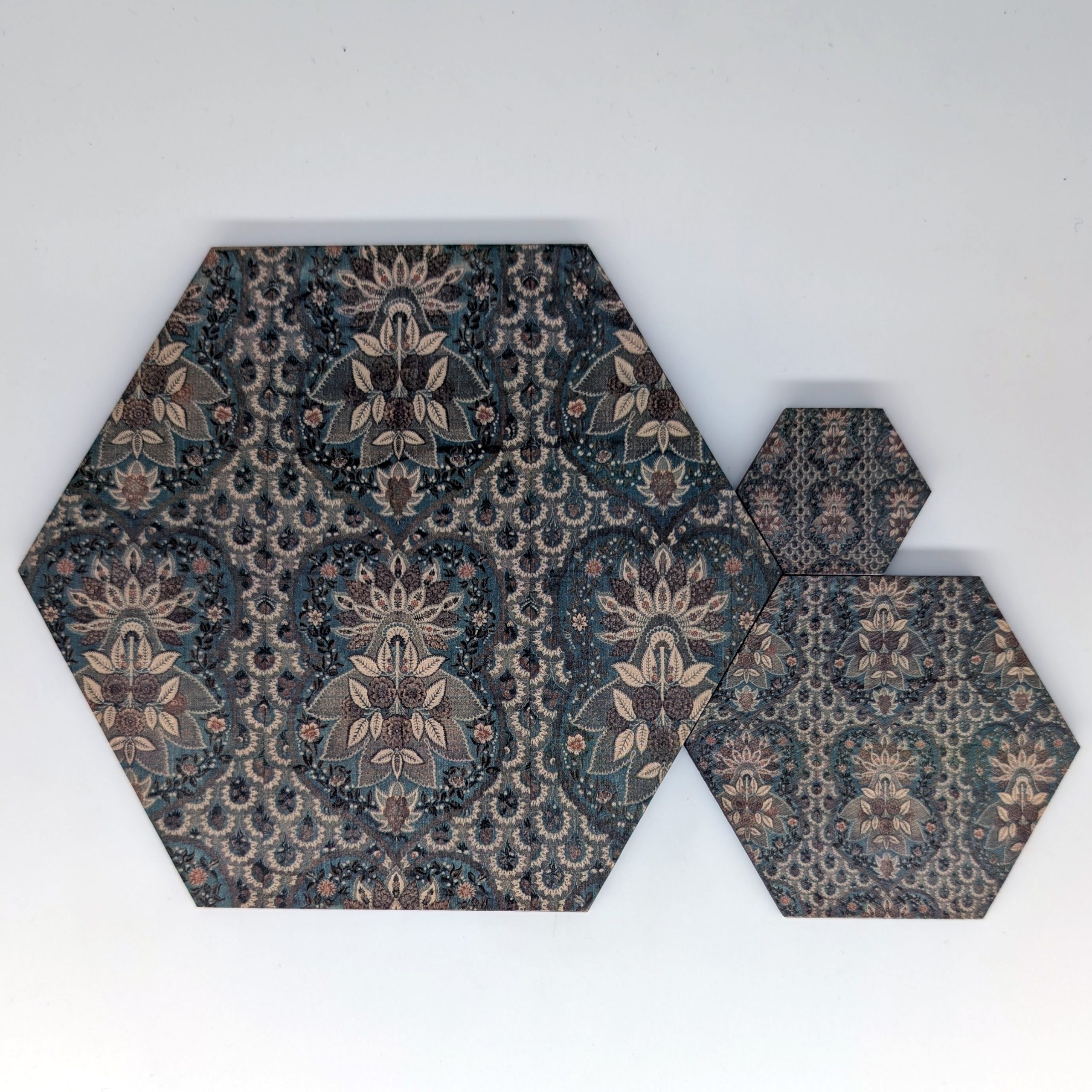 PMx006 vintage mix hex wall tile shown in three sizes 6 inch 3 inch and 1.5 inch, UV printed on Baltic birch wood by HexWallTiles