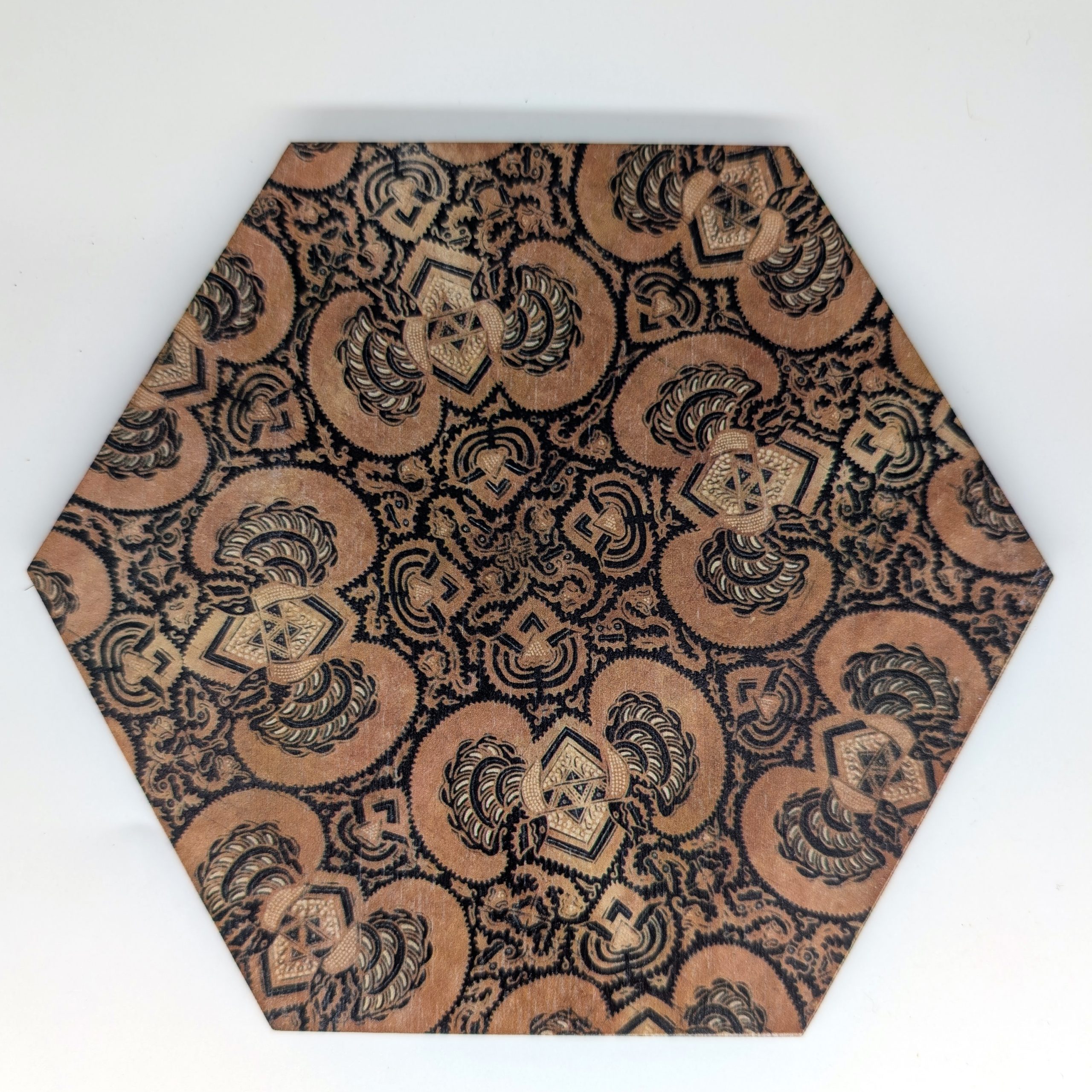 Antique gold and navy medallion textile hex wall tile with baroque medallion repeat, UV printed on Baltic birch wood by HexWallTiles