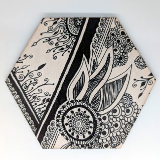 Hand-drawn black and white henna botanical diagonal original art hex wall tile by Bridget Koonce, UV printed on Baltic birch wood by HexWallTiles
