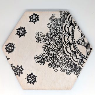 Hand-drawn black and white mandala fragment original art hex wall tile by Bridget Koonce, UV printed on Baltic birch wood by HexWallTiles
