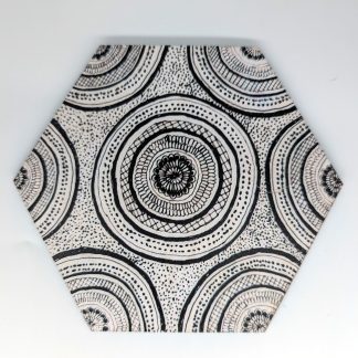 Hand-drawn black and white circle mandala original art hex wall tile by Bridget Koonce, UV printed on Baltic birch wood by HexWallTiles