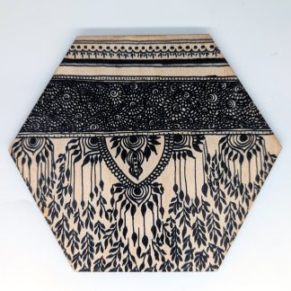 Hand-drawn black and white henna textile original art hex wall tile by Bridget Koonce, UV printed on Baltic birch wood by HexWallTiles