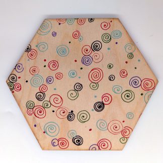 Hand-drawn colorful spiral scatter original art hex wall tile by Bridget Koonce, UV printed on Baltic birch wood by HexWallTiles
