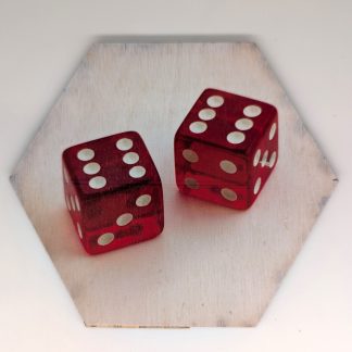 Red translucent dice pop art hex wall tile on white ground, licensed art reproduction, UV printed on Baltic birch wood by HexWallTiles