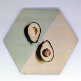 Avocado halves pop art hex wall tile on split green ground, licensed art reproduction, UV printed on Baltic birch wood by HexWallTiles