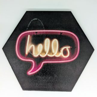 Hello neon sign in golden script inside pink speech bubble on black ground hex wall tile, licensed art reproduction, UV printed on Baltic birch wood by HexWallTiles