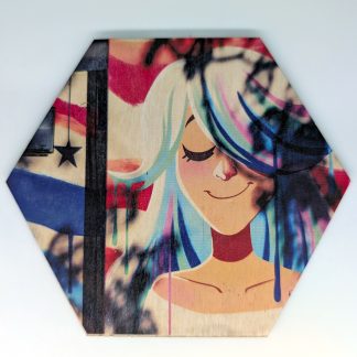 Pop art hex wall tile, licensed art reproduction, UV printed on Baltic birch wood by HexWallTiles