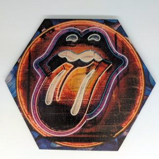 Rolling Stones lips pop art hex wall tile, licensed art reproduction, UV printed on Baltic birch wood by HexWallTiles