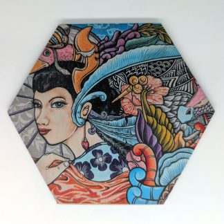 Pop art hex wall tile, licensed art reproduction, UV printed on Baltic birch wood by HexWallTiles