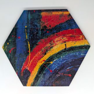 Abstract rainbow pop art hex wall tile with bold sweeping brushstrokes in red yellow blue and green, UV printed on Baltic birch wood by HexWallTiles
