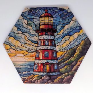 Lighthouse stained glass style hex wall tile, UV printed on Baltic birch wood by HexWallTiles