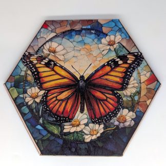 Butterfly and flowers stained glass style hex wall tile, UV printed on Baltic birch wood by HexWallTiles