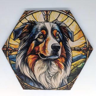 Stained glass style hex wall tile, UV printed on Baltic birch wood by HexWallTiles