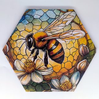 Bee stained glass hex wall tile with bumblebee on white flowers and honeycomb patterned background, UV printed on Baltic birch wood by HexWallTiles