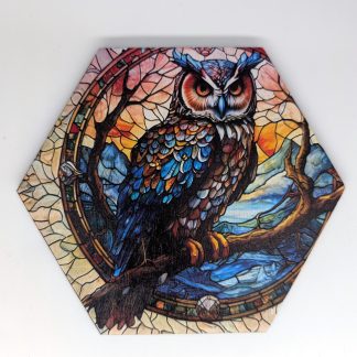 Owl stained glass style hex wall tile, UV printed on Baltic birch wood by HexWallTiles
