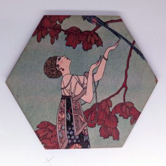 Art Deco woman with blue bird on emerald green ground vintage hex wall tile, UV printed on Baltic birch wood by HexWallTiles