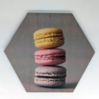 French macarons stacked in yellow pink and lavender pop art hex wall tile on grey ground, licensed art reproduction, UV printed on Baltic birch wood by HexWallTiles