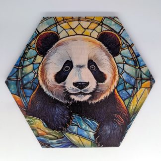 Panda stained glass style hex wall tile, UV printed on Baltic birch wood by HexWallTiles