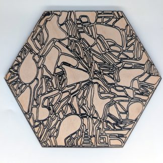 Hand-drawn black and white abstract line map original art hex wall tile, UV printed on Baltic birch wood by HexWallTiles