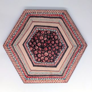 Hand-drawn pink and teal hexagon spiral original art hex wall tile by Bridget Koonce, UV printed on Baltic birch wood by HexWallTiles