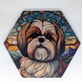 Stained glass style hex wall tile, colorful nature design, UV printed on Baltic birch wood by HexWallTiles