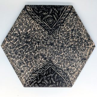 Hand-drawn black and white floral vine original art hex wall tile with daisy blooms and leaf patterns by Bridget Koonce, UV printed on Baltic birch wood by HexWallTiles