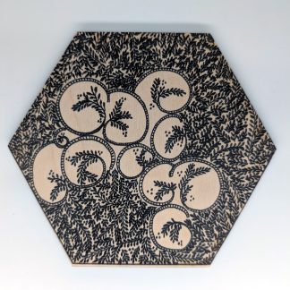Hand-drawn black and white botanical circles original art hex wall tile with vine-filled circles on leaf ground by Bridget Koonce, UV printed on Baltic birch wood by HexWallTiles