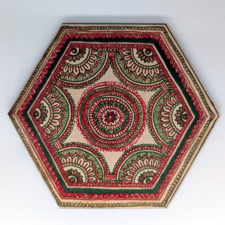 Hand-drawn red and green holiday mandala original art hex wall tile by Bridget Koonce, UV printed on Baltic birch wood by HexWallTiles