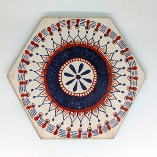 Hand-drawn red and blue mandala original art hex wall tile by Bridget Koonce, UV printed on Baltic birch wood by HexWallTiles