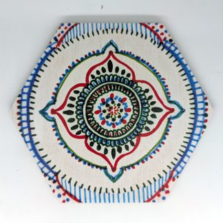 Hand-drawn red green blue mandala original art hex wall tile by Bridget Koonce, UV printed on Baltic birch wood by HexWallTiles