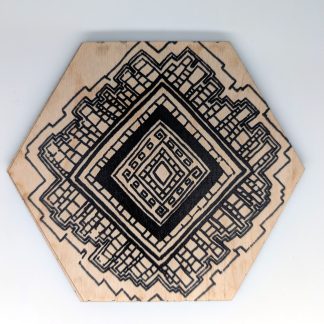 Hand-drawn black and white geometric mandala original art hex wall tile with layered diamond forms by Bridget Koonce, UV printed on Baltic birch wood by HexWallTiles