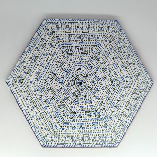 Hand-drawn blue and green hexagon mosaic original art hex wall tile by Bridget Koonce, UV printed on Baltic birch wood by HexWallTiles