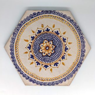 Hand-drawn blue and gold mandala original art hex wall tile with intricate lacework by Bridget Koonce, UV printed on Baltic birch wood by HexWallTiles