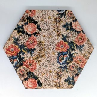 Antique botanical chintz hex wall tile with peony and floral pattern on cream ground, UV printed on Baltic birch wood by HexWallTiles