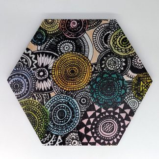 Hand-drawn colorful mandala collage original art hex wall tile bursting with color by Bridget Koonce, UV printed on Baltic birch wood by HexWallTiles