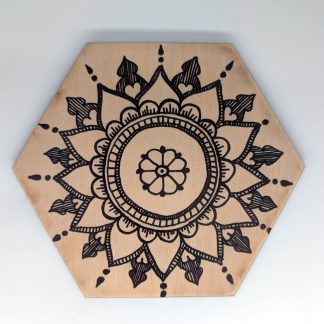 Hand-drawn henna mandala hex wall tile by Bridget Koonce, UV printed on Baltic birch wood by HexWallTiles