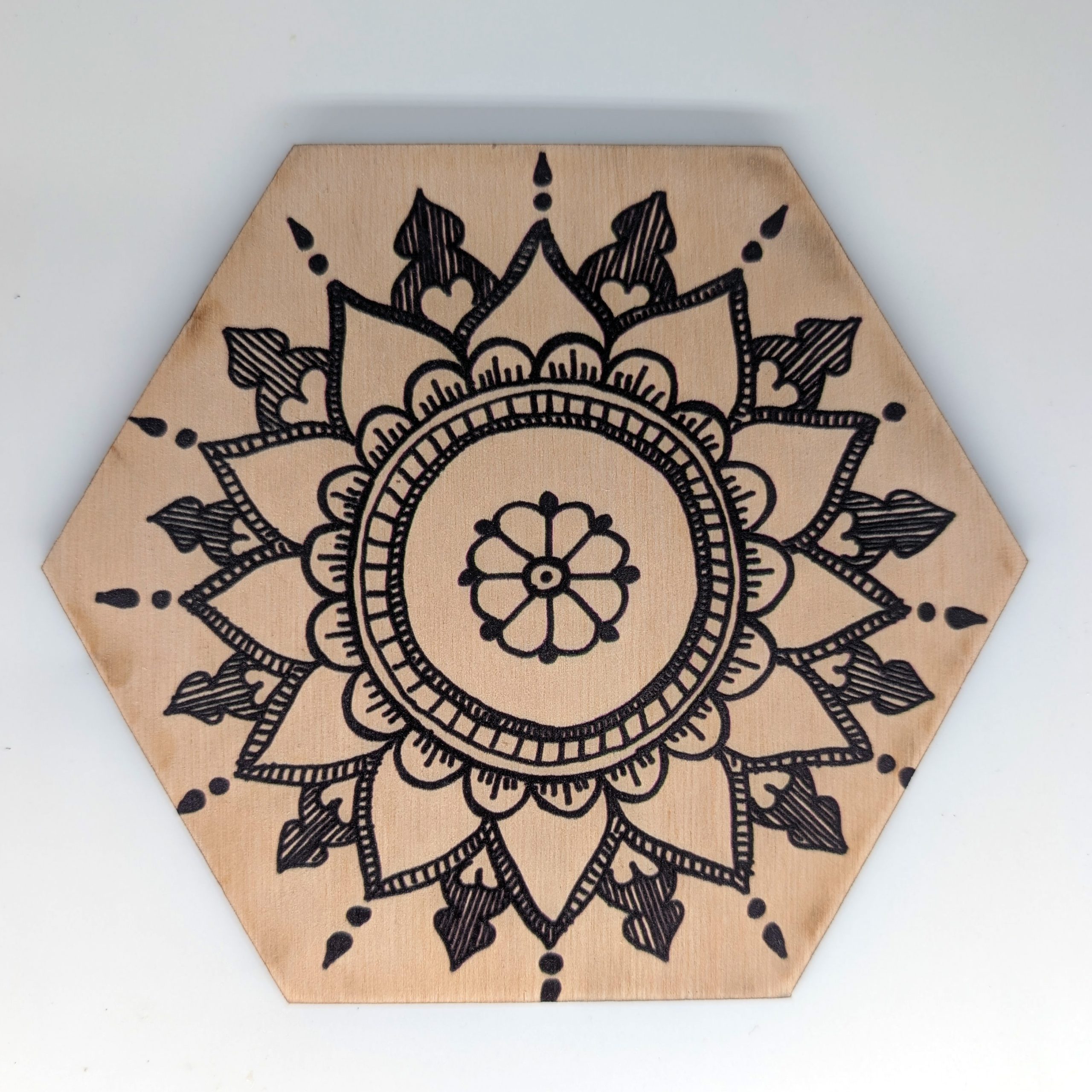 Hand-drawn henna mandala hex wall tile by Bridget Koonce, UV printed on Baltic birch wood by HexWallTiles