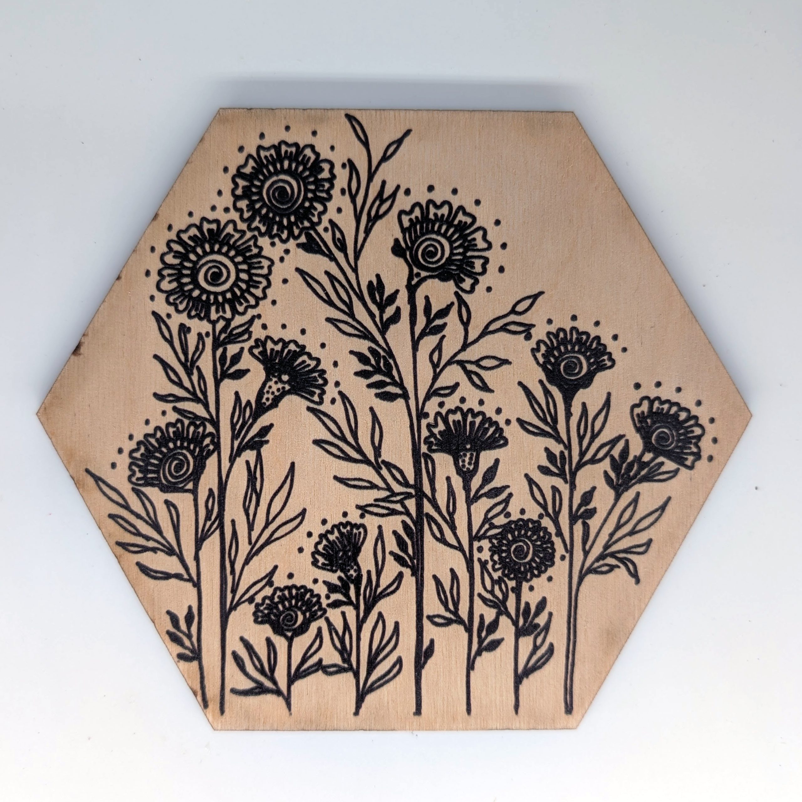 Hand-drawn henna wildflower hex wall tile by Bridget Koonce, UV printed on Baltic birch wood by HexWallTiles