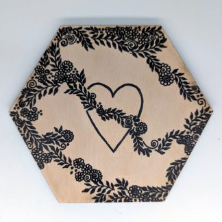 Hand-drawn henna floral heart hex wall tile by Bridget Koonce, UV printed on Baltic birch wood by HexWallTiles