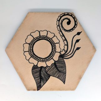 Hand-drawn henna bloom hex wall tile by Bridget Koonce, UV printed on Baltic birch wood by HexWallTiles
