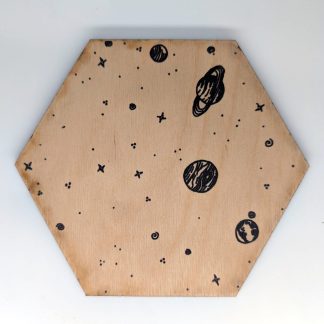 Hand-drawn henna galaxy hex wall tile by Bridget Koonce, UV printed on Baltic birch wood by HexWallTiles