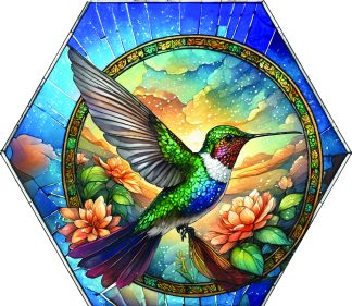 Hummingbird stained glass hex wall tile with jewel toned feathers orange blooms and luminous sky medallion, UV printed on Baltic birch wood by HexWallTiles