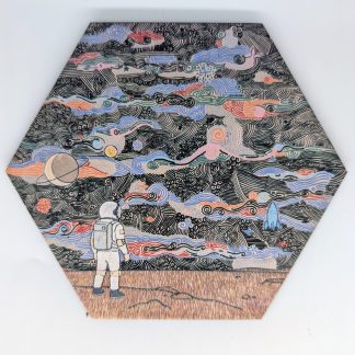 Hand-drawn astronaut hex wall tile by Bridget Koonce, lone space explorer beneath swirling cosmic sky, UV printed on Baltic birch wood
