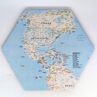 Americas Equal Earth map hex wall tile showing North and South America in accurate proportions, UV printed on Baltic birch wood by HexWallTiles