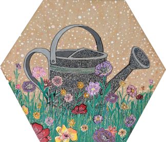 Hand-painted watering can in wildflowers original art hex wall tile with pink purple and gold blooms by Bridget Koonce