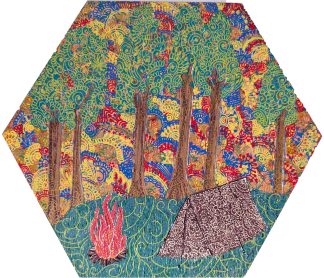 Hand-painted campfire in the woods original art hex wall tile with henna patterned forest canopy and tent by Bridget Koonce