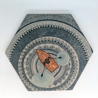 Hand-drawn lake life original art hex wall tile with mandala lake patterning and henna canoe detail by Bridget Koonce, UV printed on Baltic birch wood by HexWallTiles
