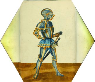 Blue armor hex tile, 6-inch size, reproducing a German illuminated manuscript knight