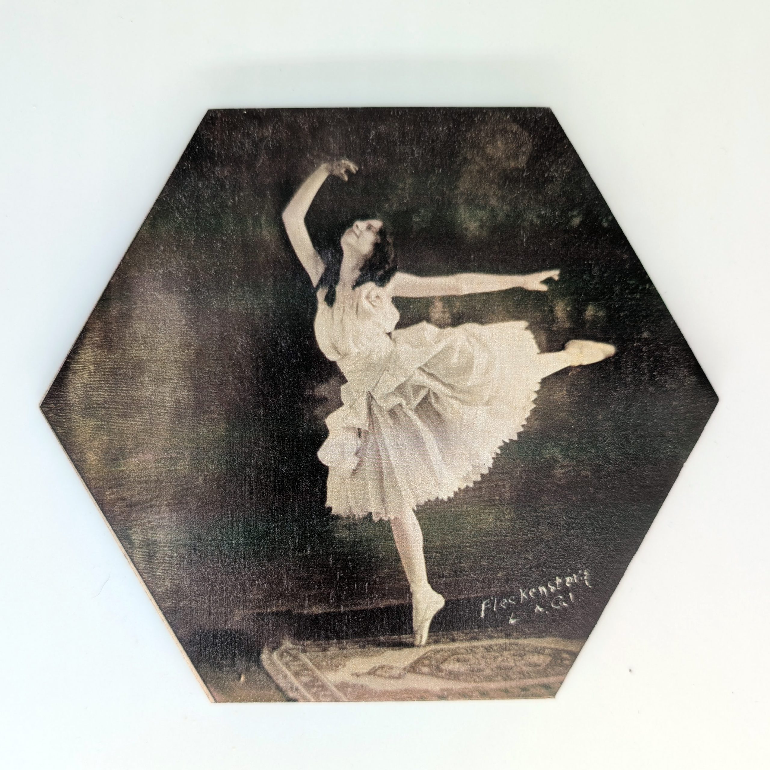Black and white ballerina hex tile, 6-inch size, reproducing a Fleckenstein photograph