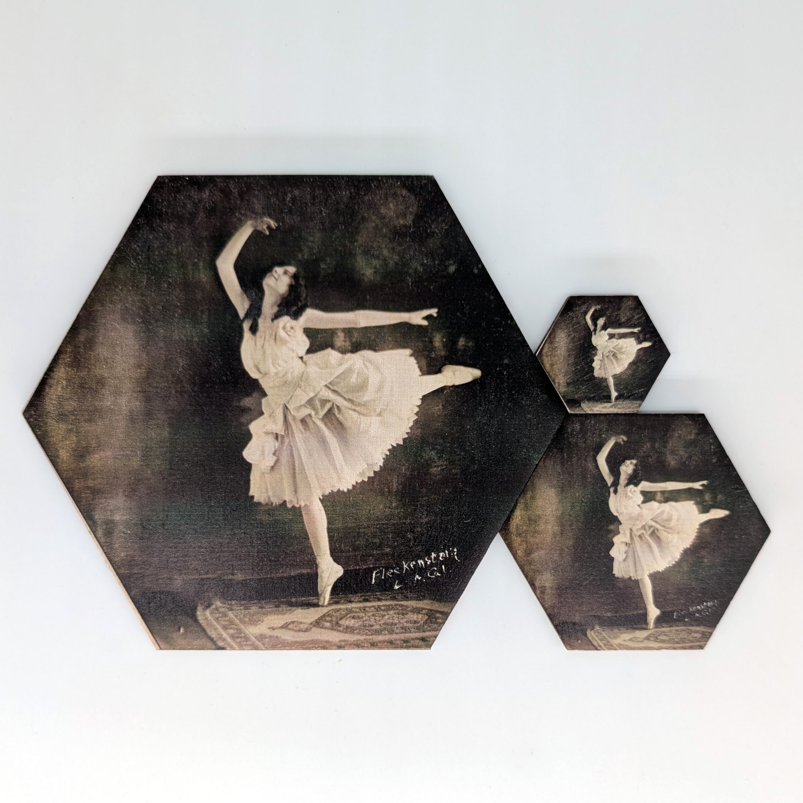 Ballerina on Pointe hex tile shown in 1.5-inch, 3-inch, and 6-inch sizes